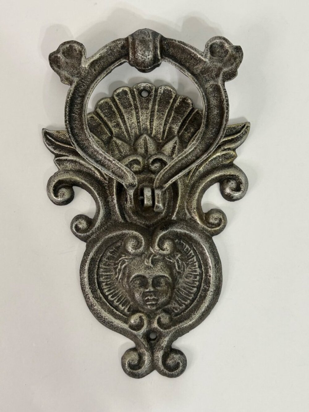 Fancy Antique-Style Cast Iron Door Knocker Cherub Design Ornate Scrollwork Heavy - Picture 2 of 5